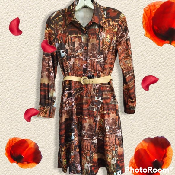 Vintage Dresses & Skirts - 🌺70’s Vintage Colorful shirt collared dress life scenes print / long sleeves